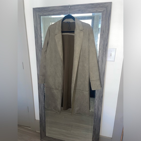 Zara Olive green faux suede trench coat with pockets - Picture 3 of 6